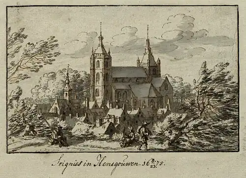 Soignies au XVIIe&nbsp;siècle - dessin de J. de Gavre, 1675Bibliothèque royale Albert Ier, Cabinet des Estampes.