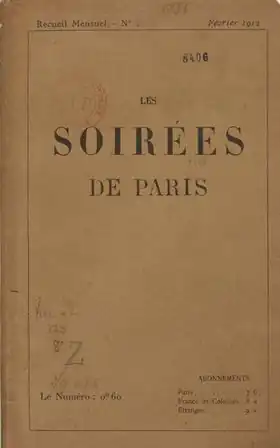 Sobre couverture typographique d'un magazine essentiellement ocmposée de son titre, Les Soirées de Paris