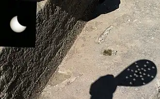 Utilisation de l'effet sténopé pour observer sans danger une éclipse à travers les trous d'une passoire.