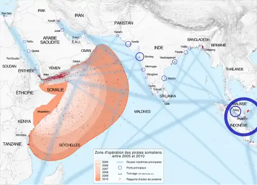 Principales routes maritimes et zone de piraterie. Celle-ci est concentrée dans le golfe d'Aden, mais s'étend très loin au large, des côtes d'Oman aux Seychelles