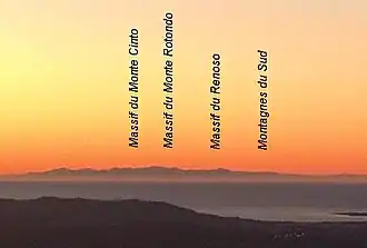 La ligne des sommets de la Corse vue du village de Cabris. Photo prise fin janvier au matin juste avant le lever du soleil (fort Mistral la veille).