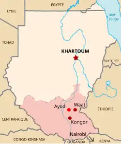 Sur une carte du Soudan, les villages d'Ayod, Waat et Kongor sont mis en évidence dans la région du sud du Soudan.