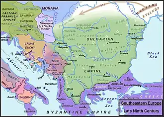 Le sud-est de l'Europe au IXe&nbsp;siècle y compris la principauté de Blatnograd et la Bulgarie au-delà du Danube.