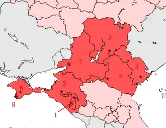 Carte du district fédéral du Sud présentant le découpage en sujets fédéraux