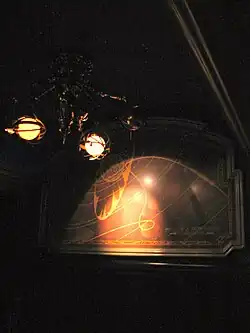 Fresque montrant une ligne courbe passant à proximité d'une sphère, éclairée par un lustre doré.