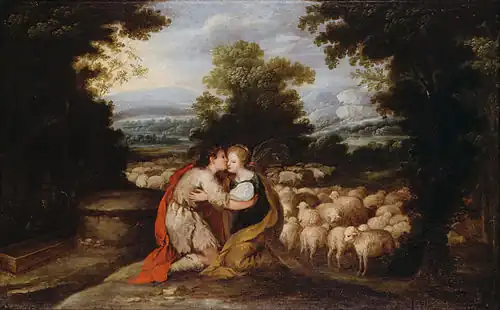 Jacob et Rachel au puits, peintre espagnol, XVIIe&nbsp;siècle.