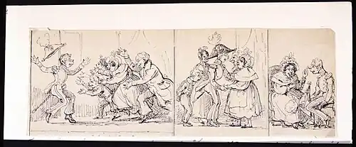 "Unge Sparf kommer hem till familjen, som färdig officer." Encre 1840.