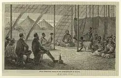 Speke présentant Grant à la reine-douairière d'Ouganda.