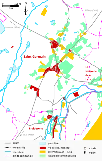 Vue d'une carte en couleur représentant les étapes de développement du bâti d'un bourg.