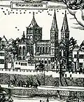 Détail avec la Basilique St. Cunibert, 1531-57, Gravure sur bois "Grandes vues de Cologne"