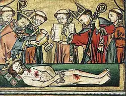 Illustration montrant un groupe de moines tonsurés accompagnés d'un évêque portant mitre et crosse autour d'un cadavre nu coiffé d'une couronne