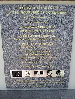 Plaque de consécration du 23 décembre 2012.