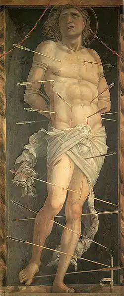 Saint Sébastien de Venise  (1490) panneau 213&nbsp;×&nbsp;95&nbsp;cm.Venise Ca' d'Oro