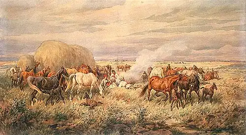 Peinture représentant des chevaux et du bétail dans les steppes, à proximité d'un feu de camp auprès duquel se trouvent deux hommes