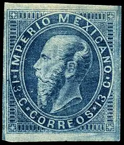 Timbre-poste d'une valeur faciale de 13 centimes (Mexique, 1866).