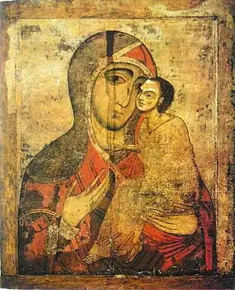 Icône de la Mère de Dieu de tendresse (Staraïa Roussa). Début du XIIIe&nbsp;siècle Musée russe, Saint-Pétersbourg.