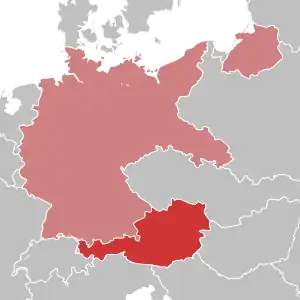Carte en couleur reprenant les territoires respectifs de l'Allemagne et de l'Autriche avant l'Anschluss.