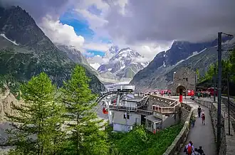 Une gare de chemin de fer et une gare de télécabine, avec de nombreux touristes, dans une vallée glaciaire.