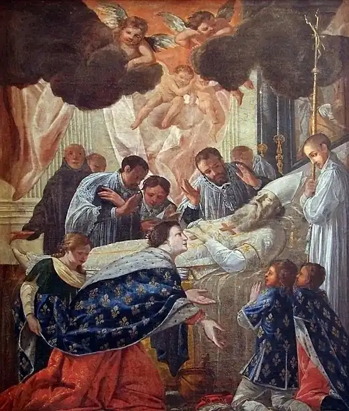 La Mort de saint Eloi, par Jean Senelle (1648). Bathilde agenouillée aux pieds de saint Eloi mort, Cathédrale Saint-Étienne de Meaux.