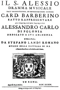 Description de l'image Stefano Landi - Il Sant'Alessio - Rome 1634 - title page of the score.jpg.