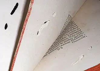 Photographie d'un livre du XVIIIe&nbsp;siècle montrant des galeries creusées par une larve de Stegobium paniceum