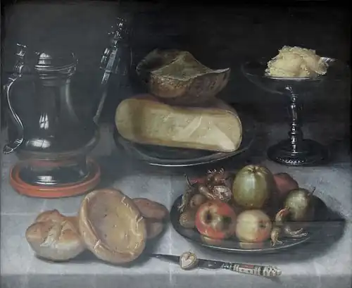 Nature morte avec pot en étain, fruits et fromages (c 1615-1620). Musée des beaux-arts de Budapest