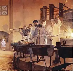 Tableau représentant des souffleurs de verre devant un fourneau.