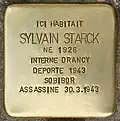 Stolpersteine en hommage à Sylvain Starck (1926-1943), située devant son dernier domicile au 12 rue Pauline à Fontenay-sous-Bois