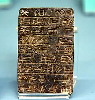 Tablette commémorant la reconstruction du temple de Ningirsu à Girsu. Musée de l'Orient ancien d'Istanbul.Traduction de l'inscription : « Pour le dieu Ningirsu, champion puissant du dieu Enlil, son maître, Shulgi, homme fort, Roi d'Ur, Roi des pays de Sumer et d'Akkad, a construit son temple pour lui. »