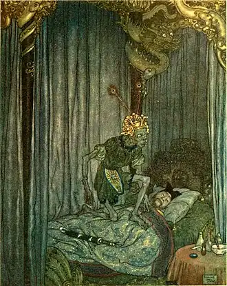 Figure décharnée d'un somnambule coiffé de bijoux dorés marchant sur le lit d'un homme endormi.