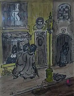 Rue avec réverbère et passants (non daté)