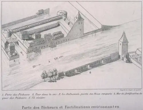 Vue sur les fortifications strasbourgeoises à la sortie de l'İll.