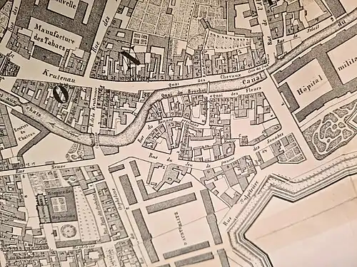 La rue du Renard-Prêchant longeant partiellement le Rheingiessen (plan de 1852).