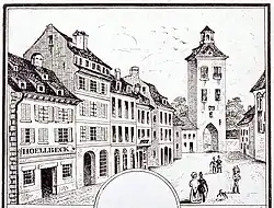 Rue d'Or et porte de l'Hôpital, vers 1850.