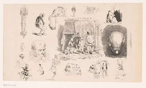 Études de figures, d'une statue mariale et d'un intérieur (1842).