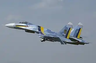Un Soukhoï Su-27 des Ukrainian Falcons, visible lors d'une démonstration aérienne en 1996.