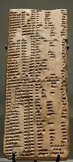 Seizième tablette de la liste Urra = hubullu sur les pierres et objets en pierre. Milieu du Ier&nbsp;millénaire&nbsp;av. J.-C.