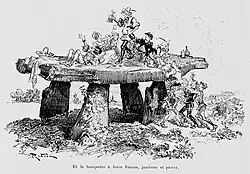 Représentation du dessinateur Robida. Des jeunes s'égaient et boivent sur la pierre.