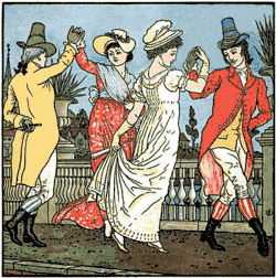 Illustration en couleur montrant deux hommes et deux femmes en train de danser.