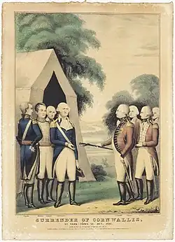 Capitulation de Cornwallis. À « York-town » en 1781, par Nathaniel Currier.  D'Amour Museum of Fine Arts. Quoique Cornwallis soit représenté sur cette gravure, il refusa de se montrer, prétextant être malade.