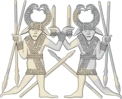 Dessin montrant deux hommes dans des postures symétriques, tenant une épée dans une main et deux lances dans l'autre
