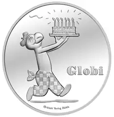 Pièce de monnaie commémorative; un oiseau humanoïde porte un gâteau d’anniversaire; sur la droite est gravé « Globi ».