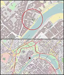 Plan de localisation de la synagogue et de ses environs, au sein de la ville de Besançon.