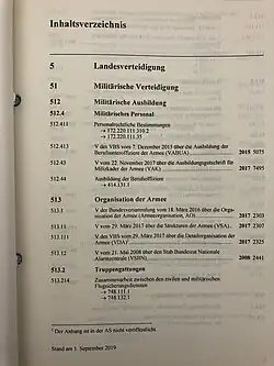 Photographie de la première page de la table des matières du volume 5 du Recueil systématique en langue allemande