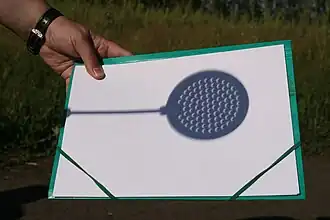 Selon que l'écumoire (lors d'une éclipse partielle de soleil) est placée verticalement ou horizontalement, l'ombre de son manche est plus ou moins nette car la source de lumière est asymétrique.