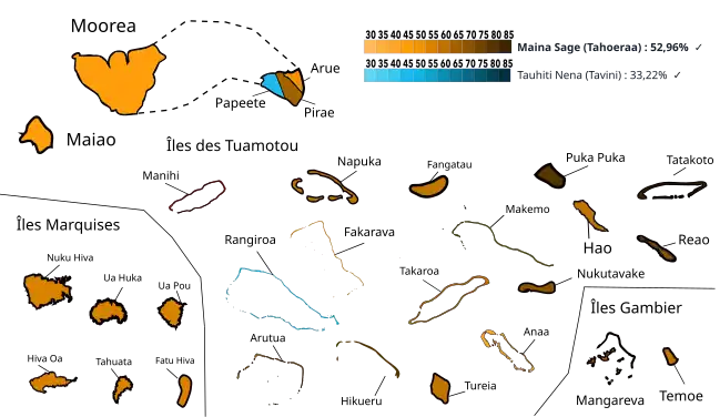 Résultats par communes ou îles au 1er tour.