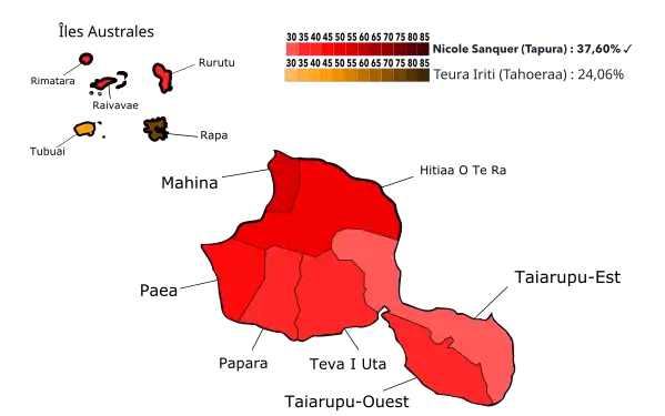Résultats par communes ou îles au 1er tour.