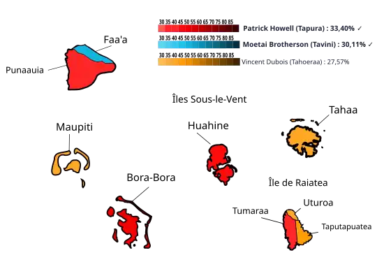Résultats par communes ou îles au 1er tour.