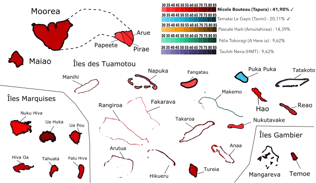 Résultats par communes ou îles au 1er tour.