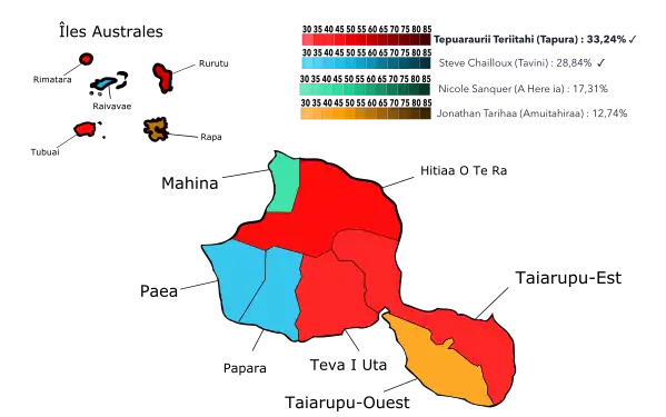 Résultats par communes ou îles au 1er tour.